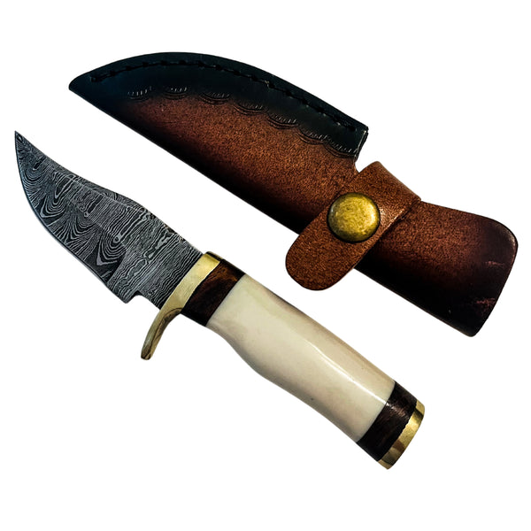 Stoneedge Pro Damascus Skinning Knife with 3-inch blade, bone handle, and leather sheath