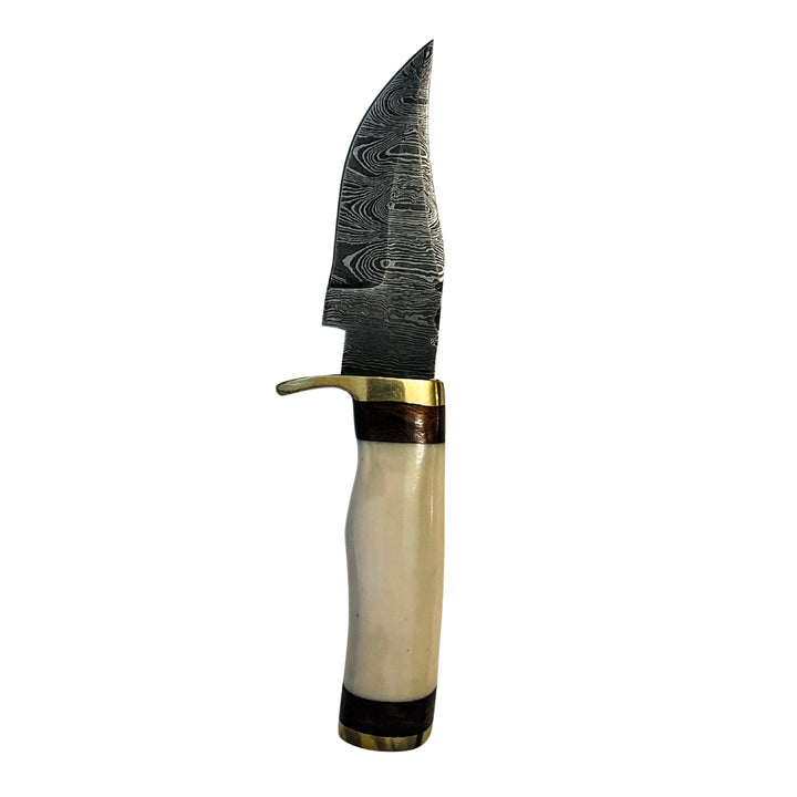 Stoneedge Pro Damascus skinning knife placed inside hand-stitched leather sheath