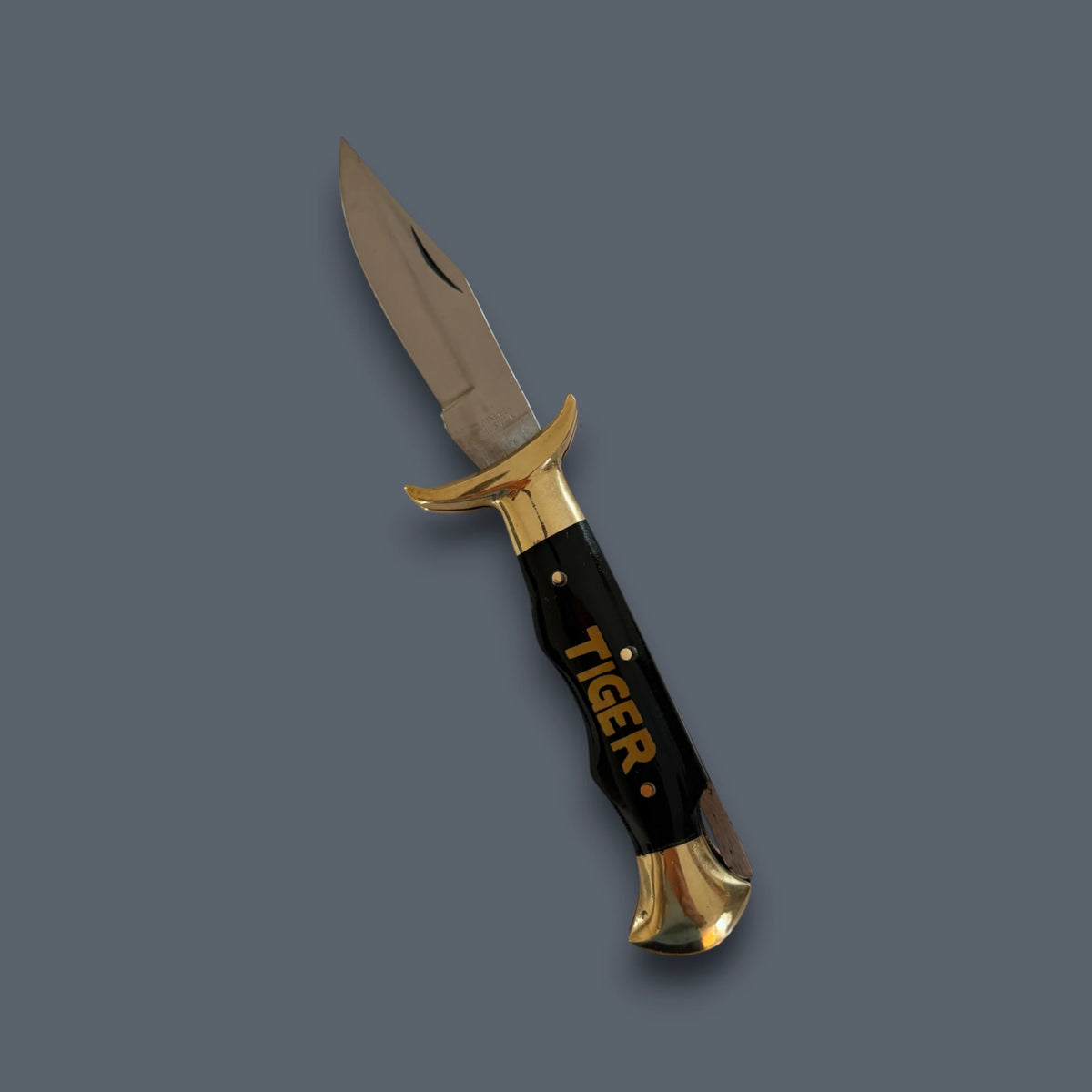 A fixed-blade knife with a polished silver blade, gold-colored guard and end caps, and a black handle featuring the word 'TIGER' in gold, shown against a solid dark gray background.
