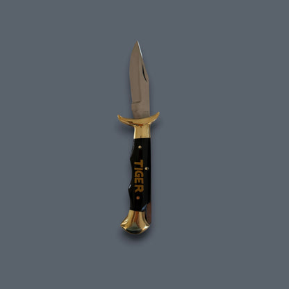 A fixed-blade knife with a polished silver blade, gold-toned guard and pommel, and a black handle featuring the word 'TIGER' in gold, shown against a solid dark gray background.