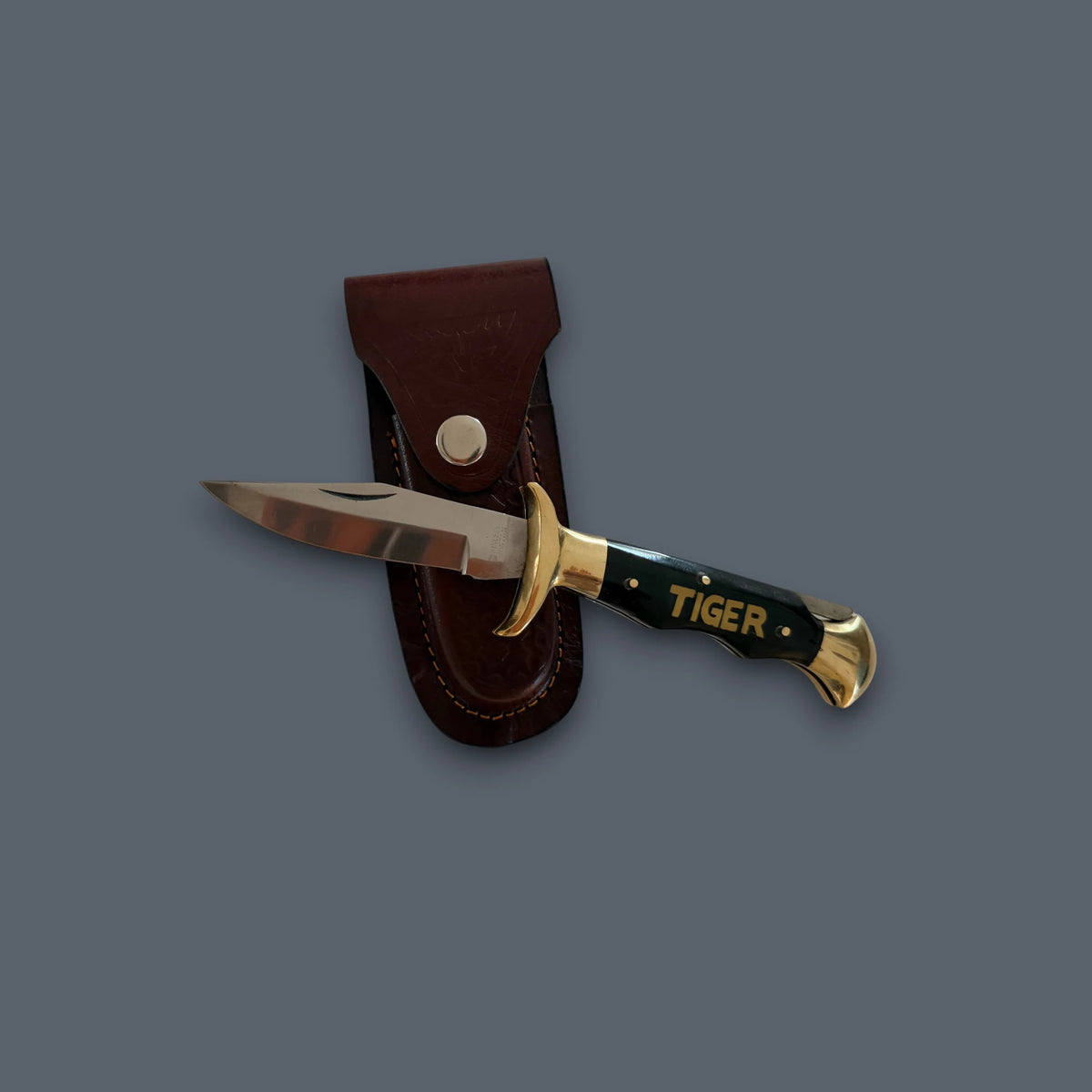 A fixed-blade knife with a black handle, gold guard and pommel, and the word 'TIGER' printed on the handle, shown next to a brown leather sheath on a solid dark gray background.