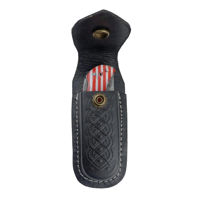 US Flag Damascus folding knife inside premium leather sheath front view