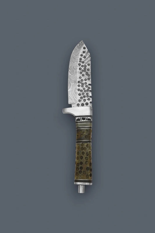ertical flat lay of the complete Damascen Knives hunting set, displaying the textured Damascus blade positioned side-by-side with its matching stamped leather sheath.