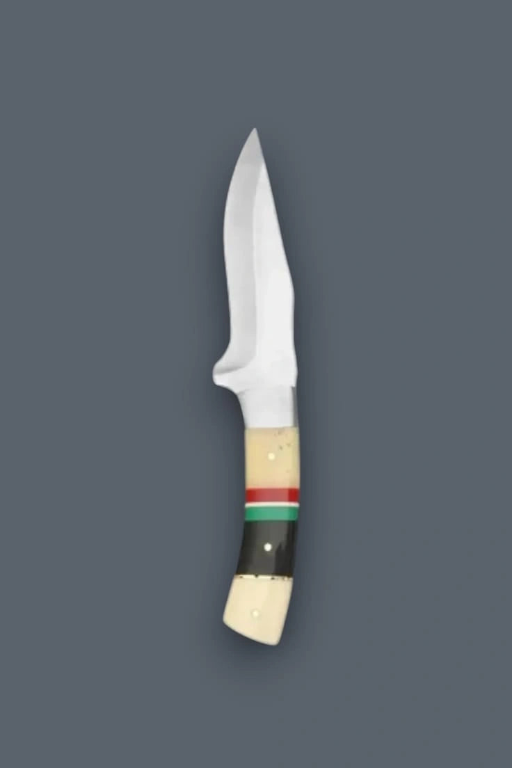 Vertical flat lay of the stainless steel fixed blade hunting knife pointing upward, highlighting the polished finger guard and vibrant banded bone handle.