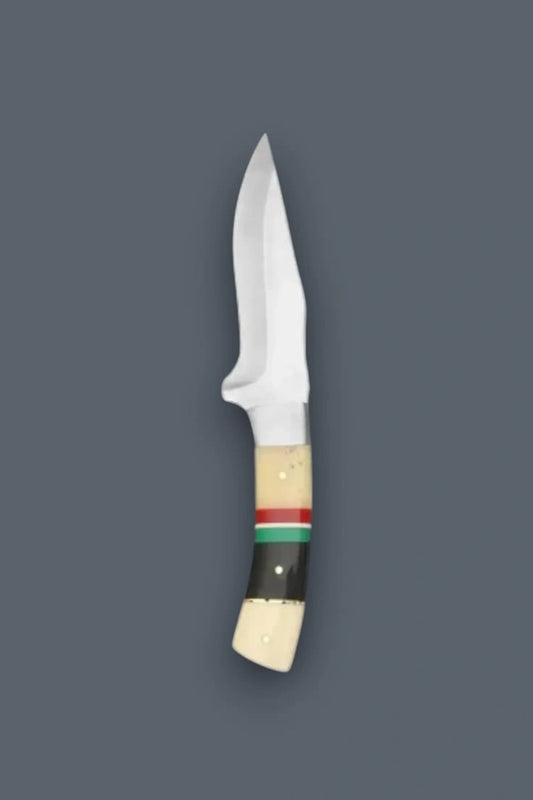 Vertical flat lay of the stainless steel fixed blade hunting knife pointing upward, highlighting the polished finger guard and vibrant banded bone handle.
