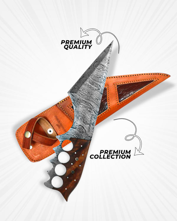 Wooden Handle Damascus Knife with Four-Finger Grip – Premium Fixed Blade & Cowhide Leather Sheath